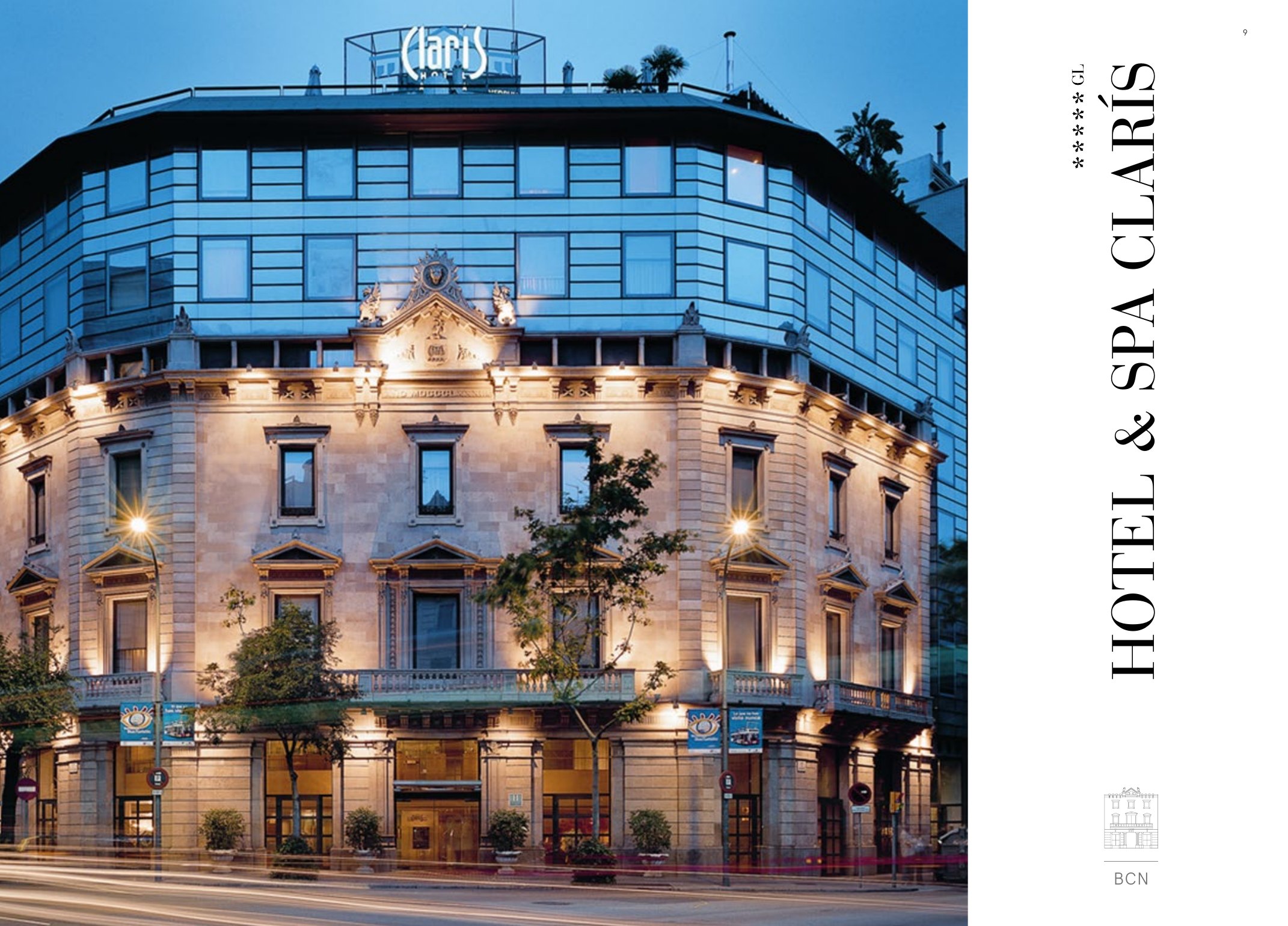 Apertura del Hotel & Spa Claris en el brandbook: la fachada a página completa y el nombre en vertical