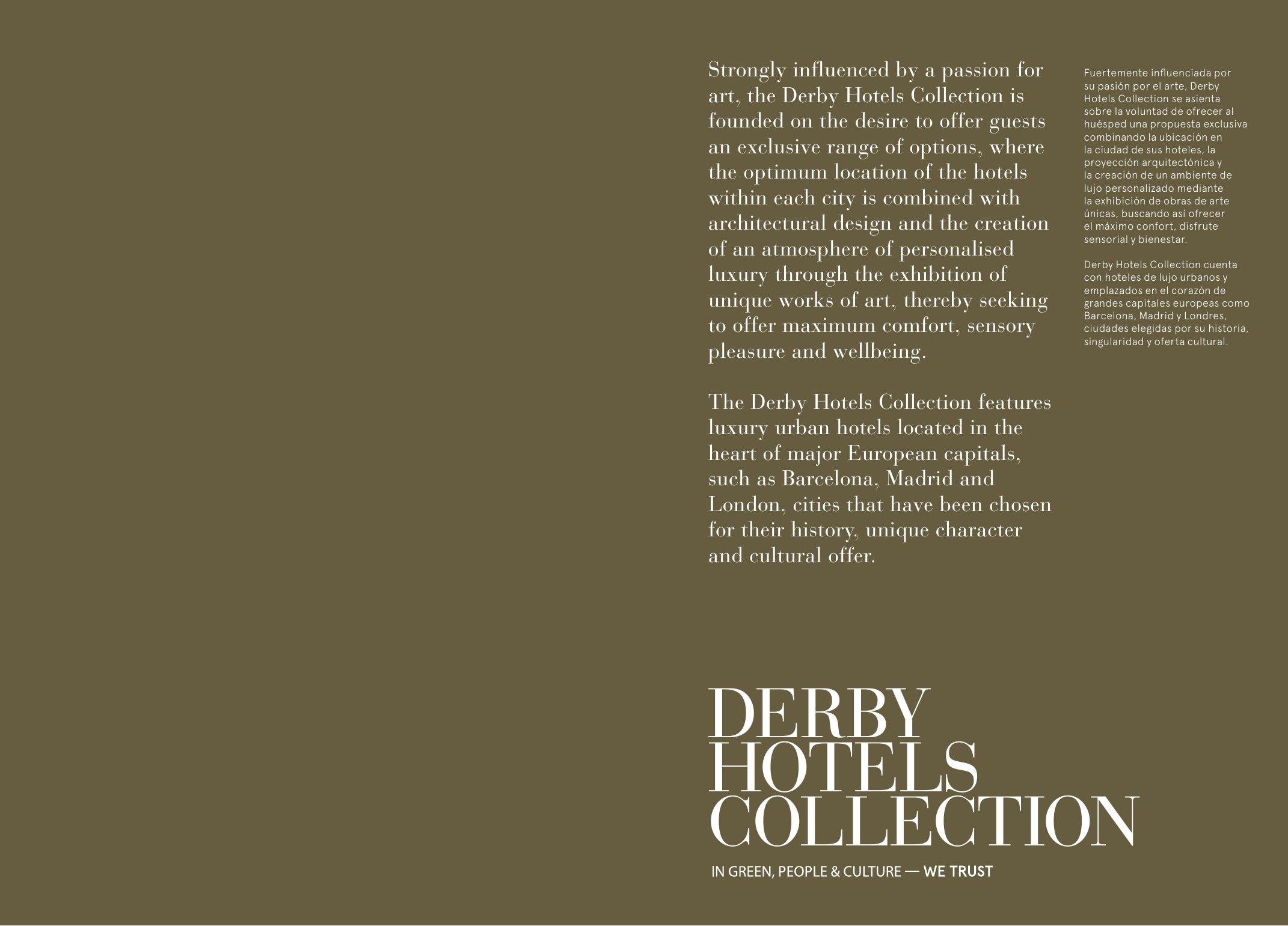 Presentación del brandbook de Derby Hotels Collection sobre verde oliva
