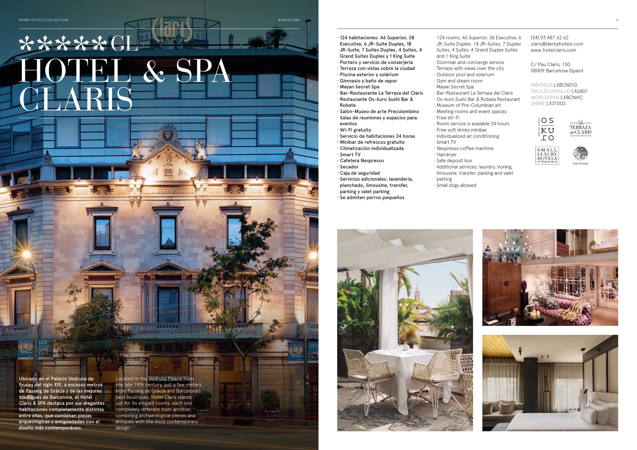 Doble página del Hotel & Spa Claris en el directorio: la fachada a página completa y, al lado, servicios, contacto y tres fotografías