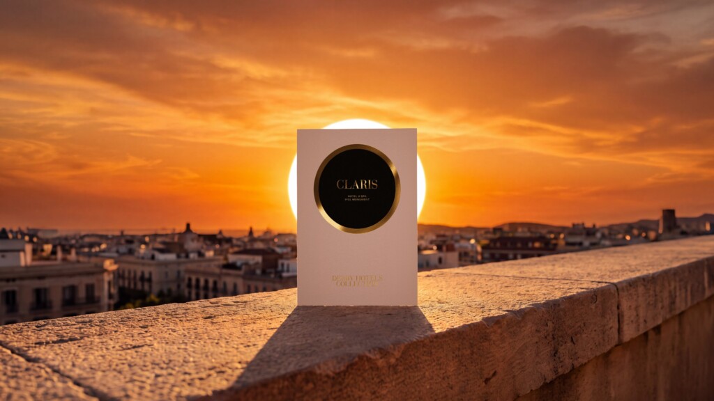 Recreación: la invitación de La Terraza del Claris 2026, con el anillo y el logotipo en stamping oro, en el pretil de una azotea de Barcelona con el sol del atardecer detrás