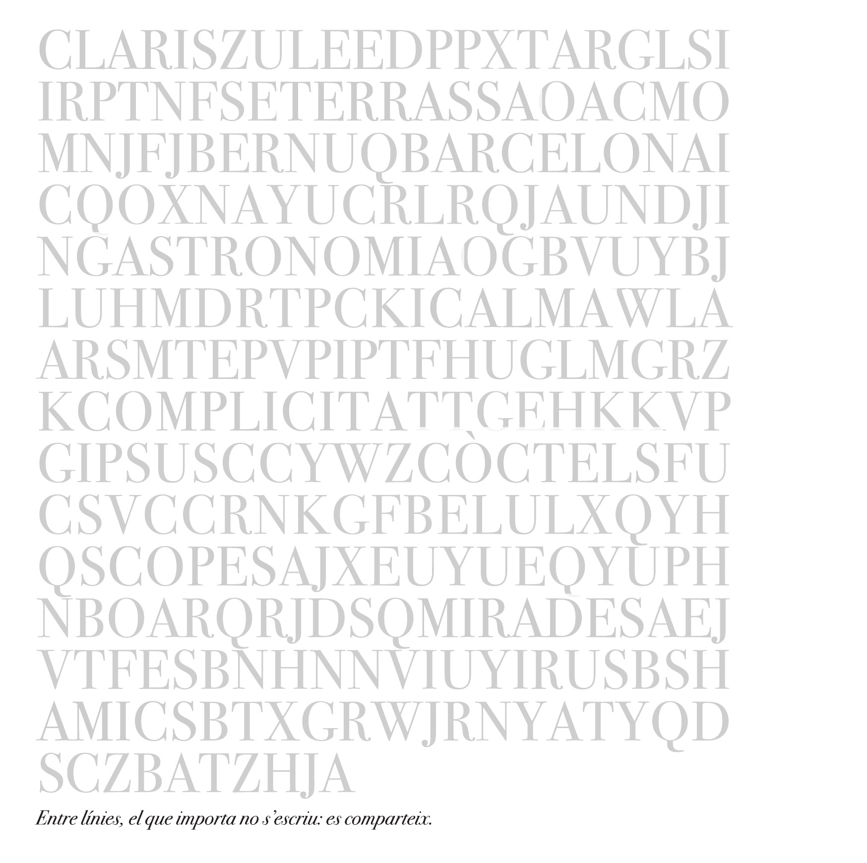 La sopa de letras de la invitación de La Terraza del Claris 2025, con todas las letras en gris
