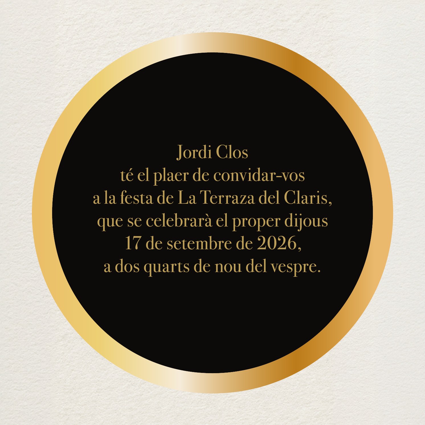 El texto de la invitación de La Terraza del Claris 2026, en oro dentro del círculo negro