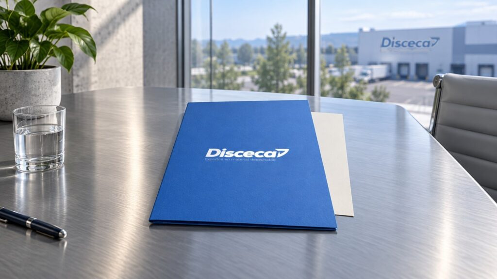 Recreación: carpeta azul con el logotipo de Disceca sobre una mesa de reuniones