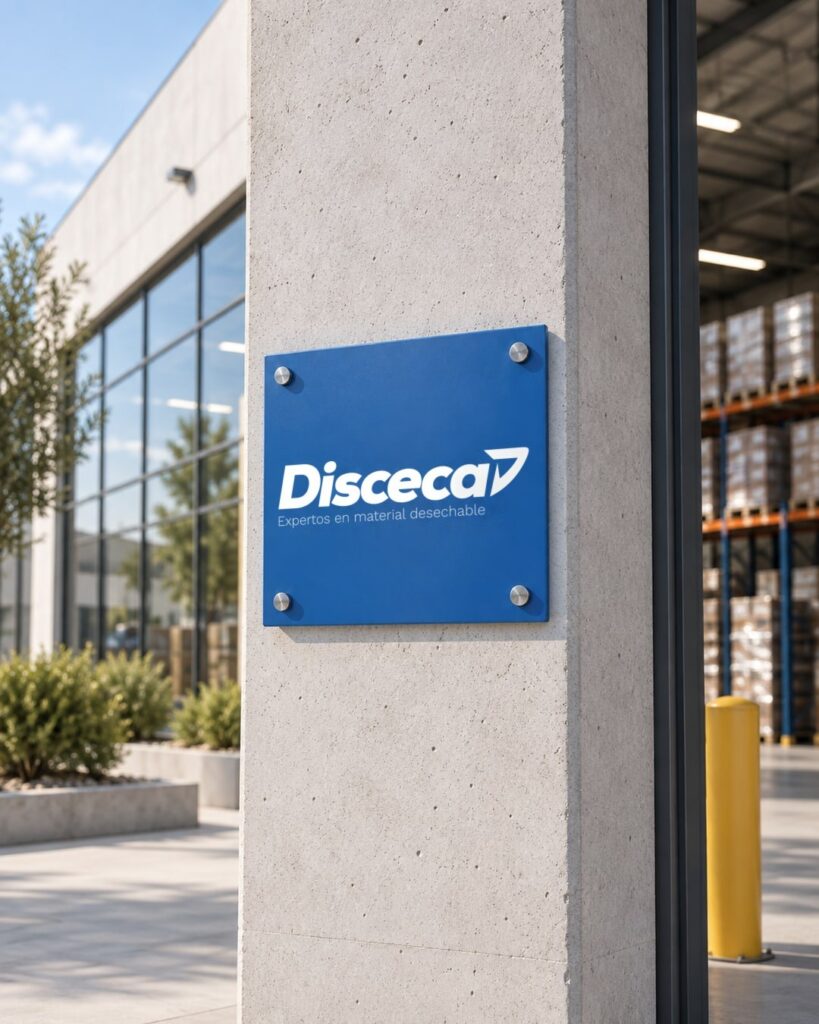 Recreación: placa azul con el logotipo de Disceca en el acceso a una nave
