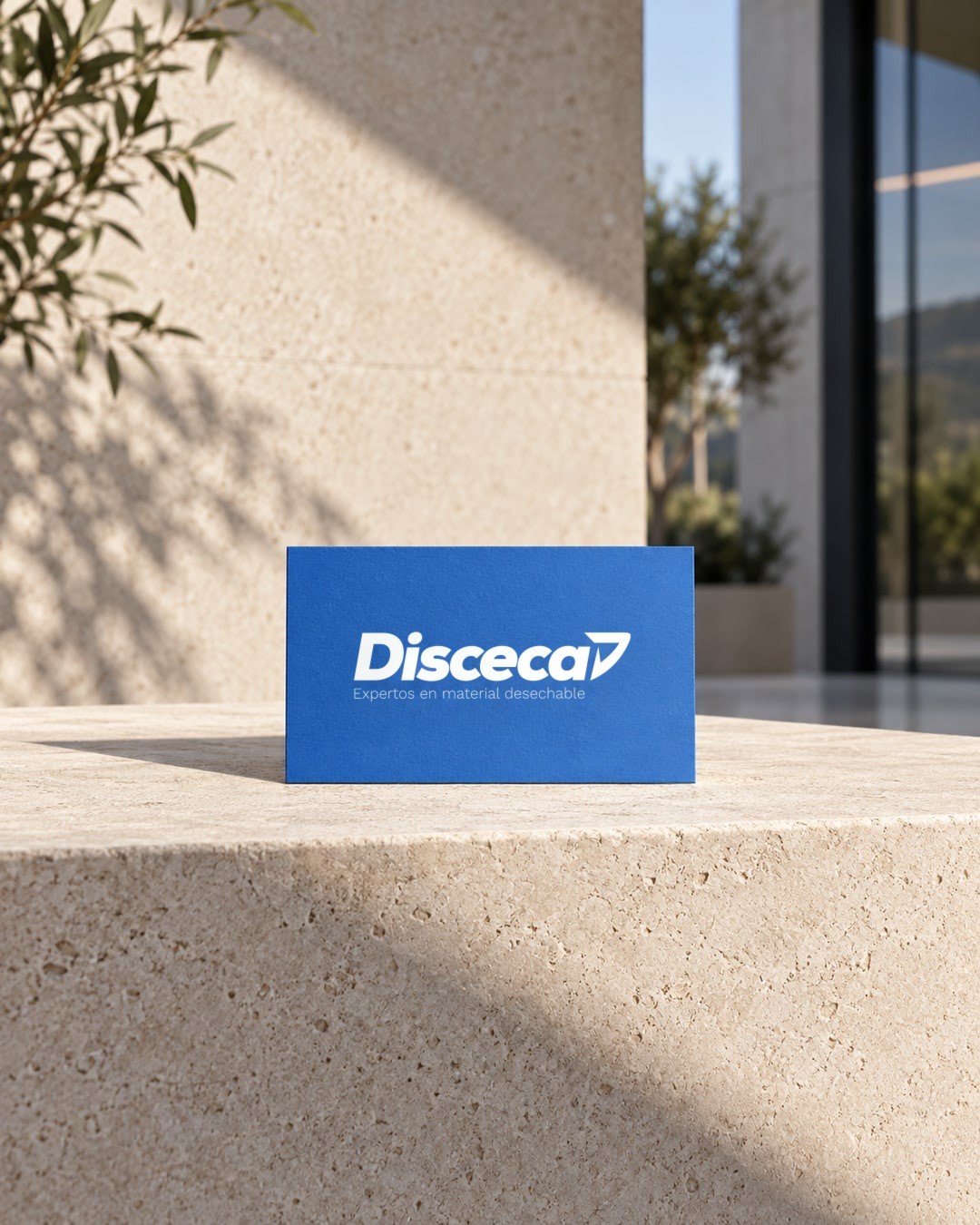 Recreación: tarjeta azul con el logotipo de Disceca sobre un bloque de piedra