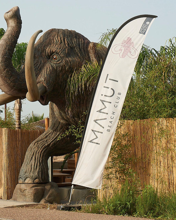 La entrada de Mamut Beach Club, con un mamut a tamaño real y sus banderolas
