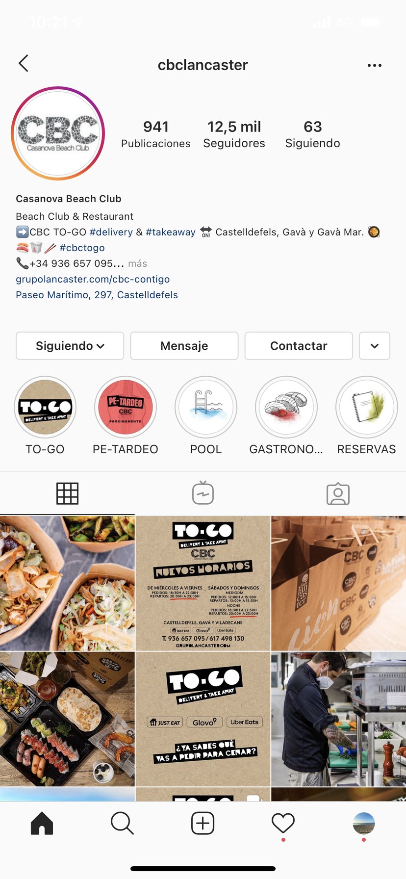 El perfil de Instagram del CBC Casanova Beach Club, con su feed