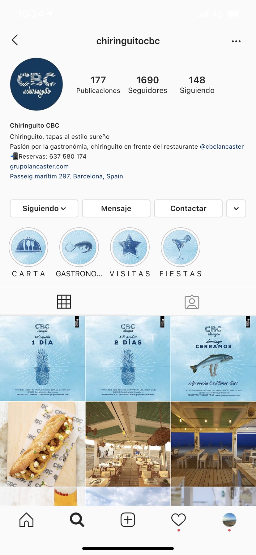 El perfil de Instagram de CBC Chiringuito, con su feed en azul
