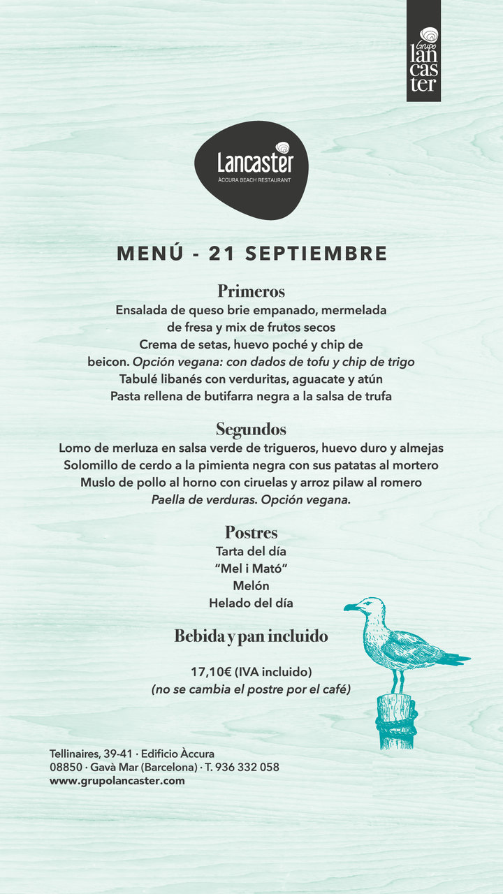 Menú del día de Lancaster, 21 de septiembre
