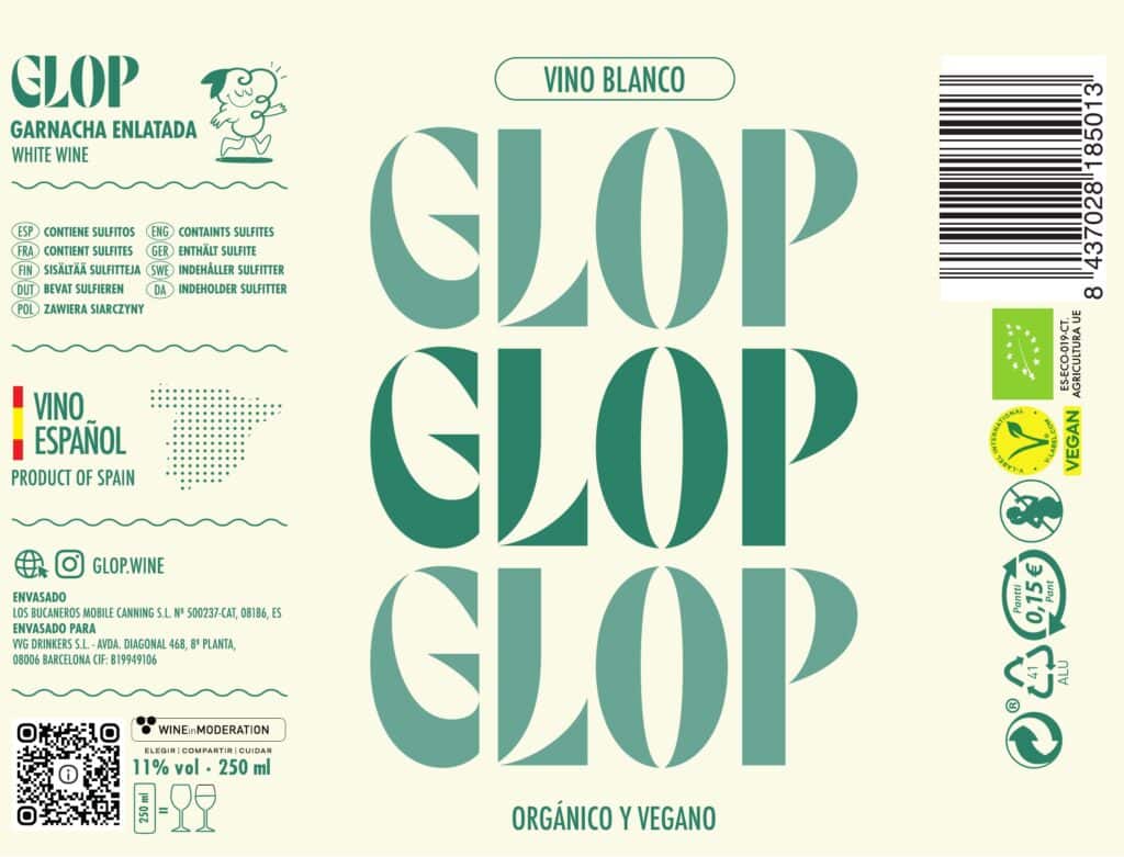 Etiqueta de Glop vino blanco, garnacha enlatada orgánica y vegana