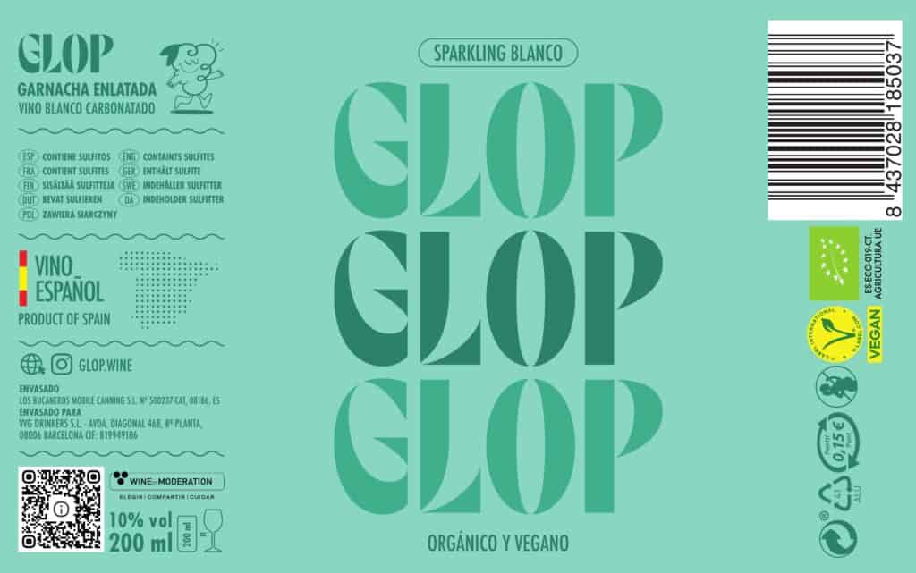 Etiqueta de Glop sparkling blanco sobre verde