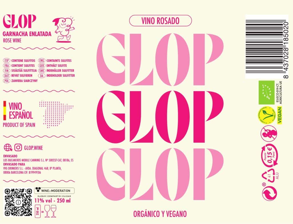Etiqueta de Glop vino rosado, garnacha enlatada orgánica y vegana