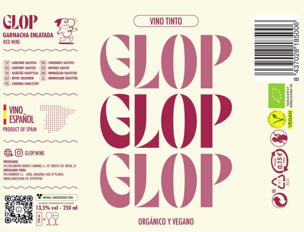 Etiqueta de Glop vino tinto, garnacha enlatada orgánica y vegana