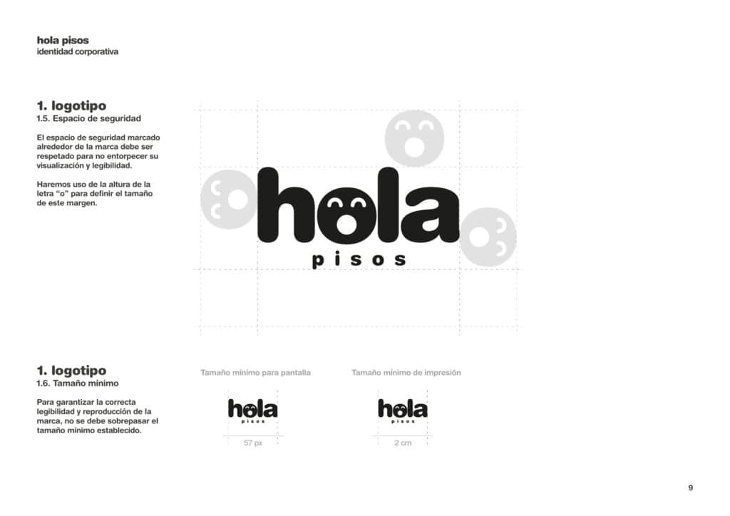 Construcción y área de respeto del logotipo de Hola Pisos