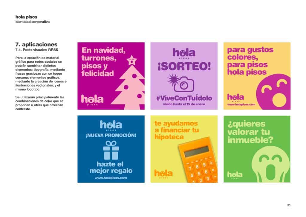 Página del manual con las publicaciones para redes sociales de Hola Pisos