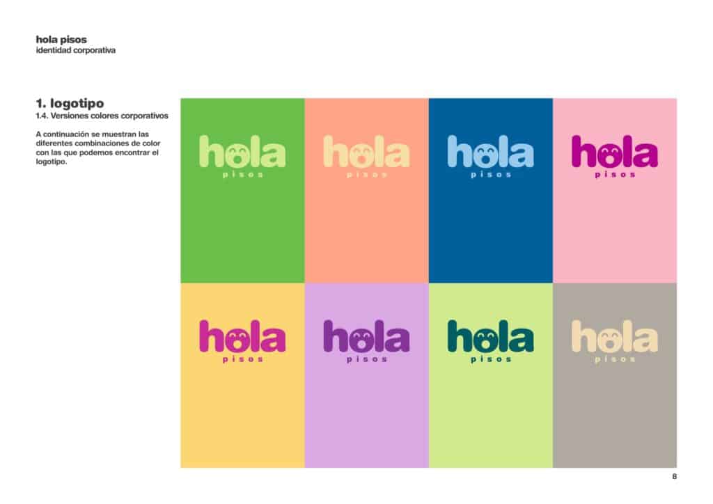 Sistema de ocho colores corporativos de Hola Pisos aplicado al logotipo