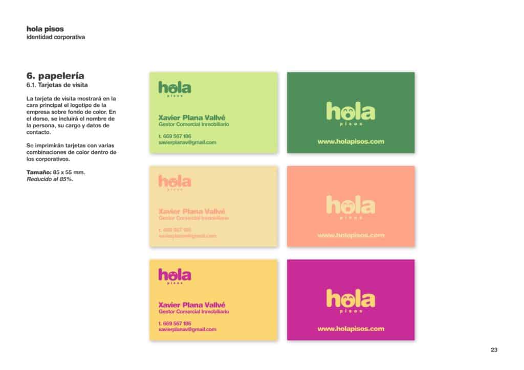 Tarjetas de visita de Hola Pisos en los colores de la marca
