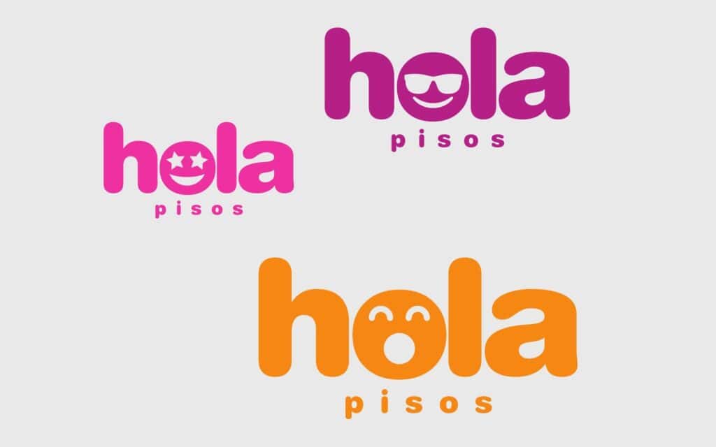 Tres versiones de color del logotipo de Hola Pisos con la cara sonriente en la o