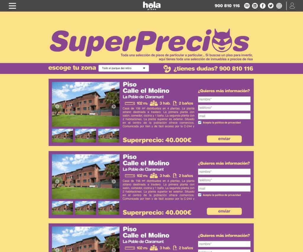 Sección Superprecios del portal de Hola Pisos