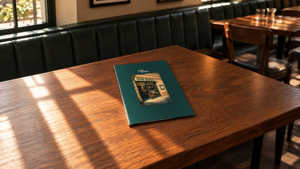 Recreación: carta de Kina Barra cerrada sobre una mesa de madera, con la ilustración de la fachada del restaurante en la portada