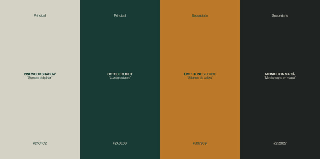 Paleta de Kina Barra: caliza, verde profundo, ocre y carbón, con sus referencias de color