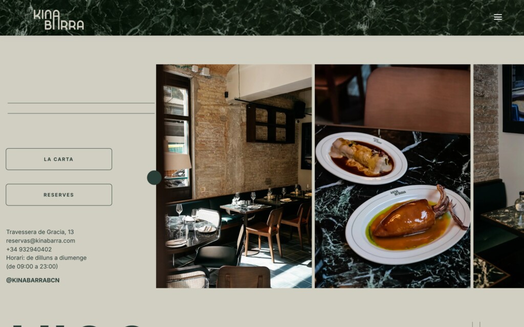 The Kina Barra website on desktop: green marble header, the menu, bookings and photographs of the restaurant and its dishes