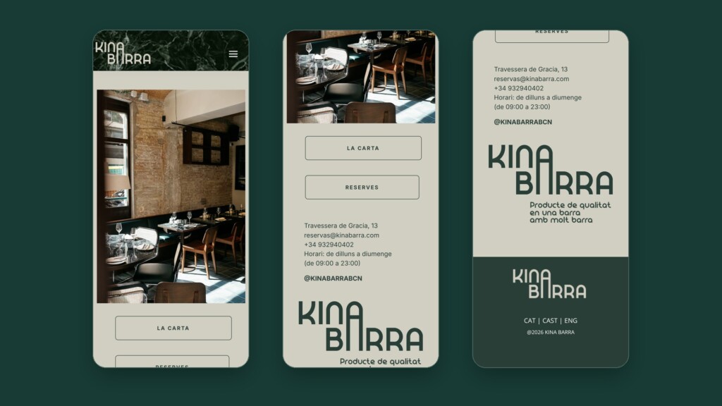 The Kina Barra website on a phone: a photograph of the restaurant, the menu and bookings, and the logo with “Producte de qualitat en una barra amb molt barra” (Quality produce at a bar with plenty of cheek)