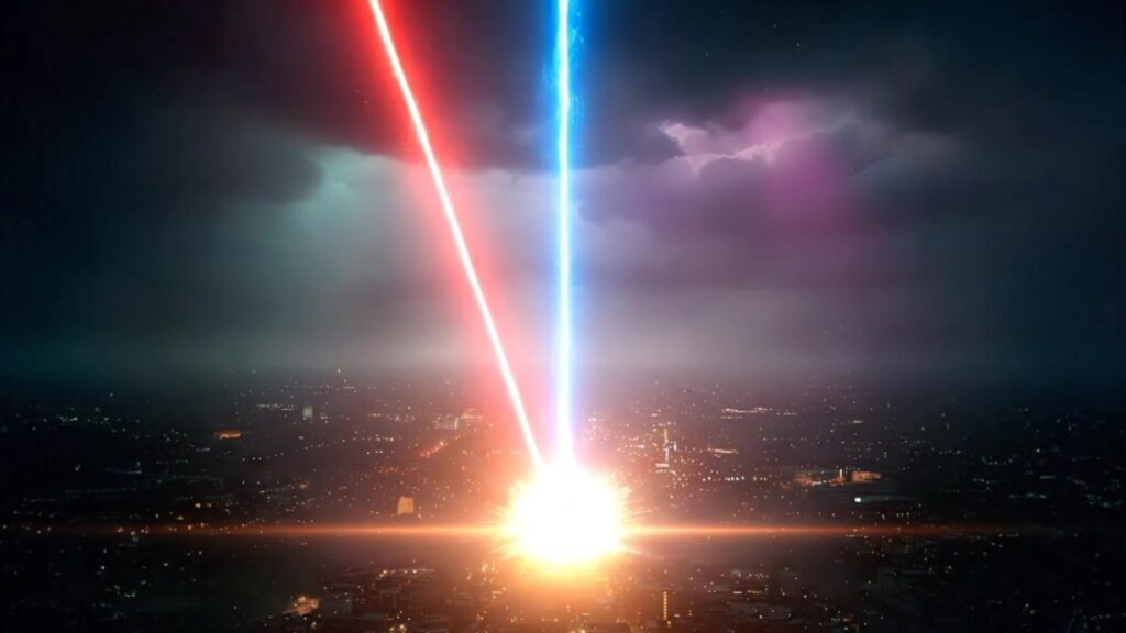 Fotograma del vídeo de apertura: haces de luz de colores sobre la ciudad de noche