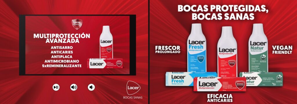 Videolibro de Lacer Multiprotección abierto: pantalla con el vídeo de producto y la gama Multiprotección, Fresh y Natur
