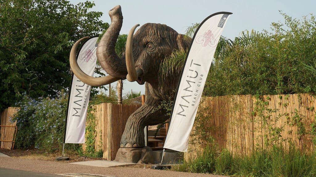 Entrada de Mamut Beach Club con la escultura de un mamut y las banderolas de la marca