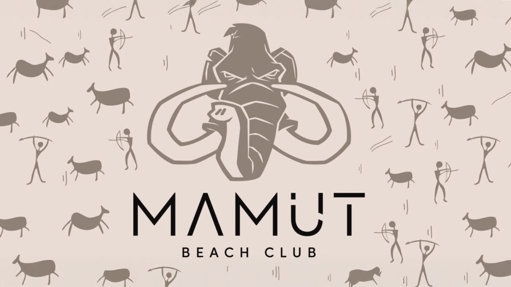 Logotipo de Mamut Beach Club sobre un patrón de pinturas rupestres