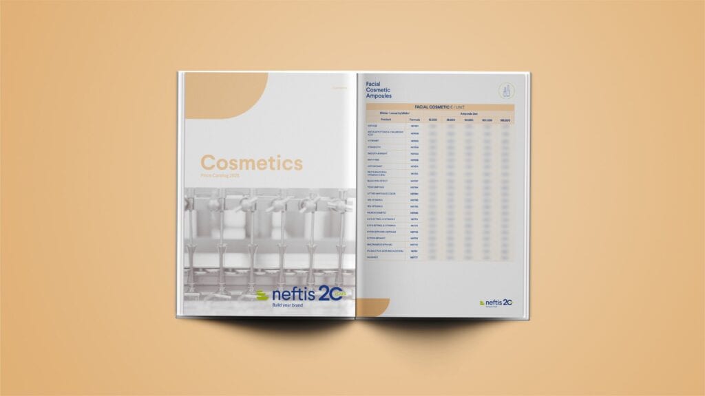 Catálogo Cosmetics 2025 de Neftis abierto por la cubierta y la tabla de ampollas faciales, con los precios difuminados