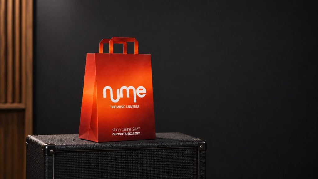 Recreación: bolsa de nUme con el degradado de la marca, el logotipo y The Music Universe, sobre un amplificador