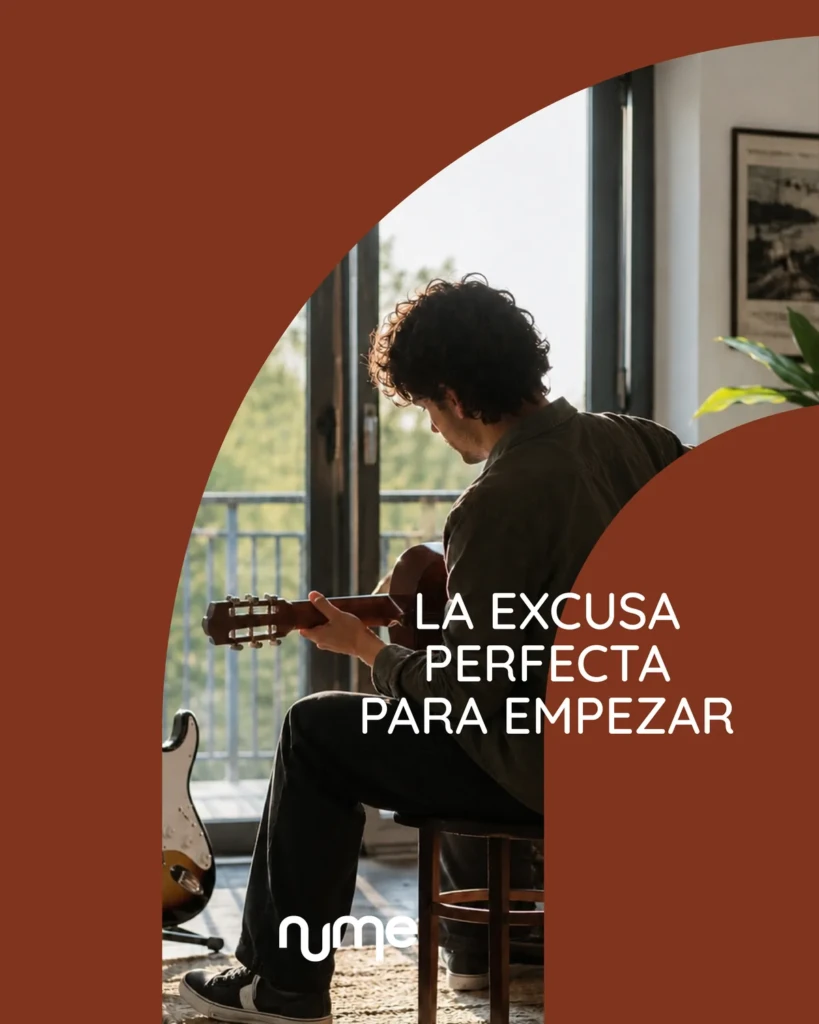 A nume campaign piece, generated with AI: a man plays the guitar by a window, with the line “La excusa perfecta para empezar” (The perfect excuse to start)