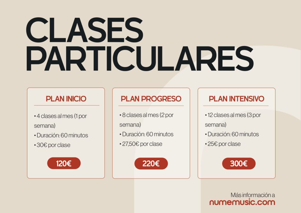 Cartel interior de nUme para las clases particulares, con tres planes sobre el beige y el elemento gráfico