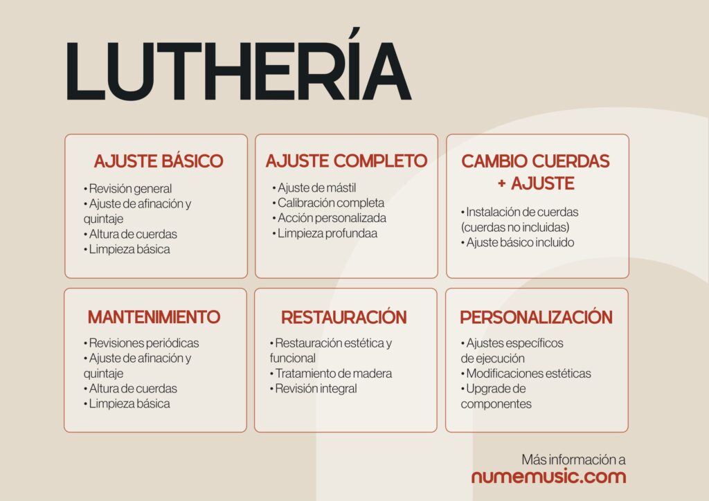 Cartel interior de nUme para el servicio de luthería, con ajustes, mantenimiento, restauración y personalización