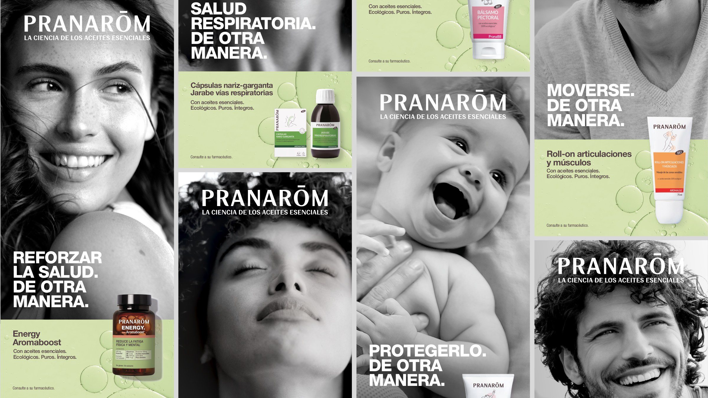 Carteles de la campaña «De otra manera» de Pranarôm: retratos en blanco y negro y producto sobre verde