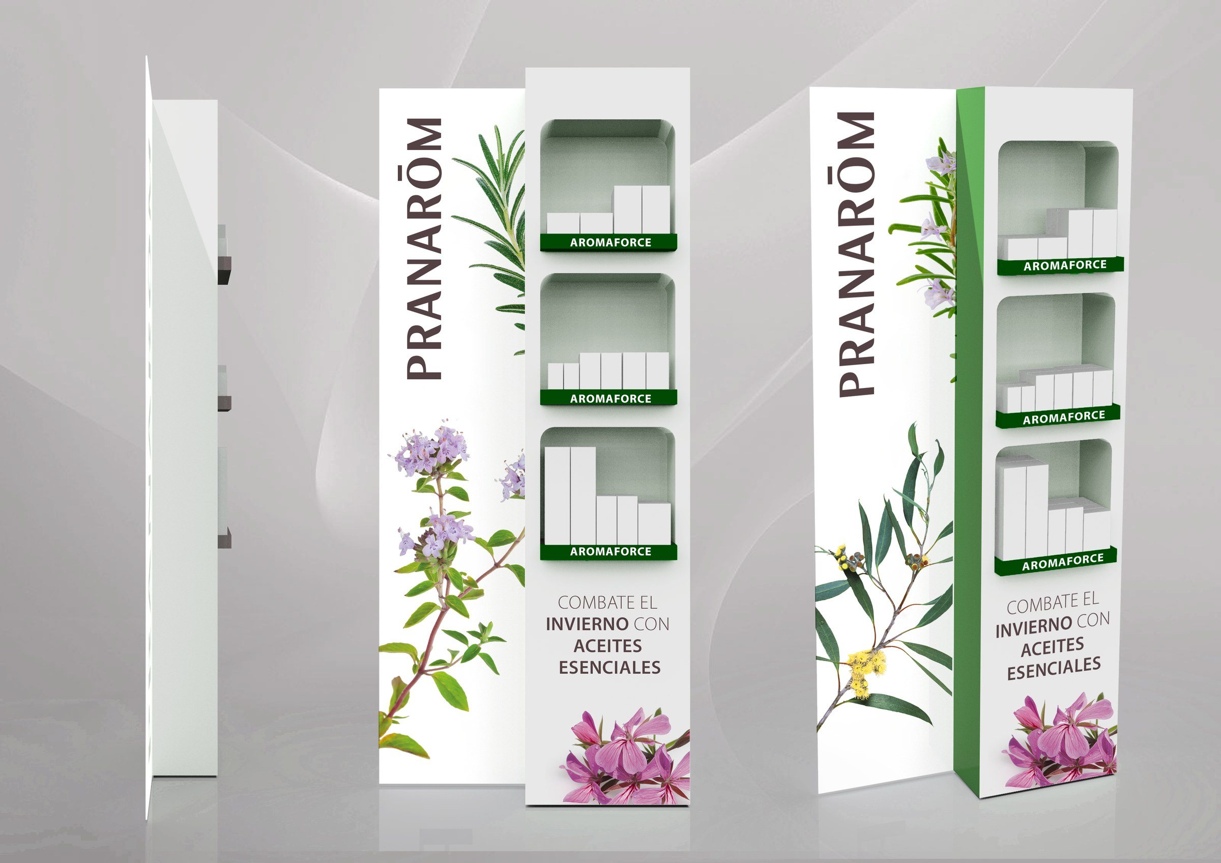 Expositor de suelo de la gama Aromaforce de Pranarôm para farmacia