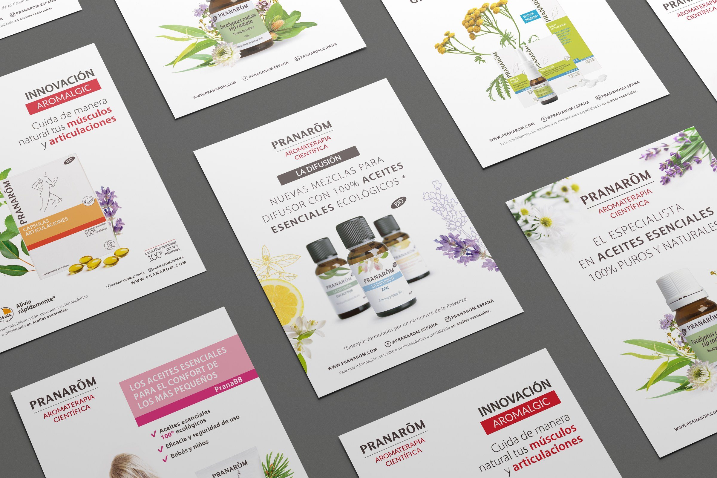 Folletos de Pranarôm por gama: Aromalgic, La Difusión, PranaBB y el especialista en aceites esenciales