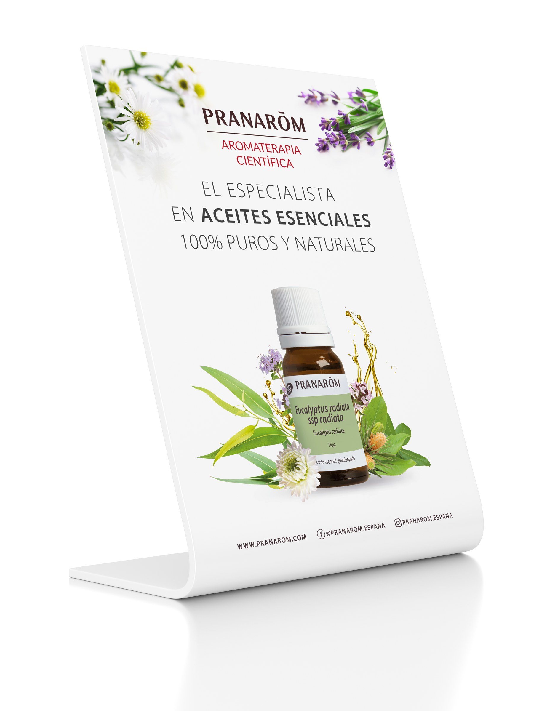 PLV de sobremesa de Pranarôm, el especialista en aceites esenciales 100 % puros y naturales