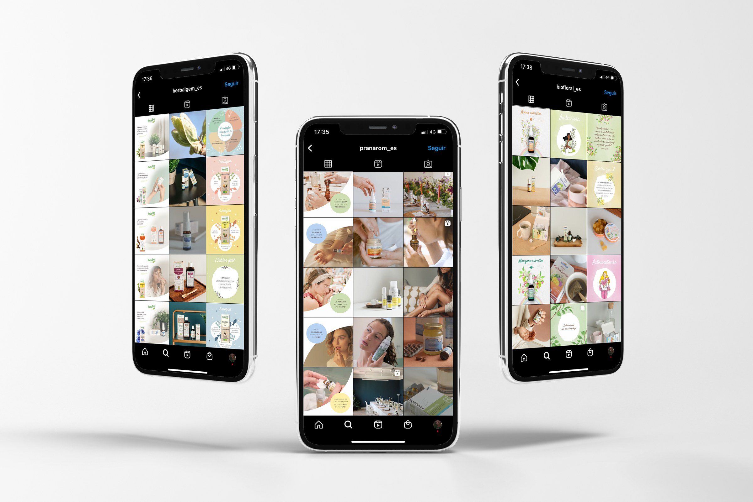 Perfiles de Instagram de Herbalgem, Pranarôm y Biofloral en tres móviles