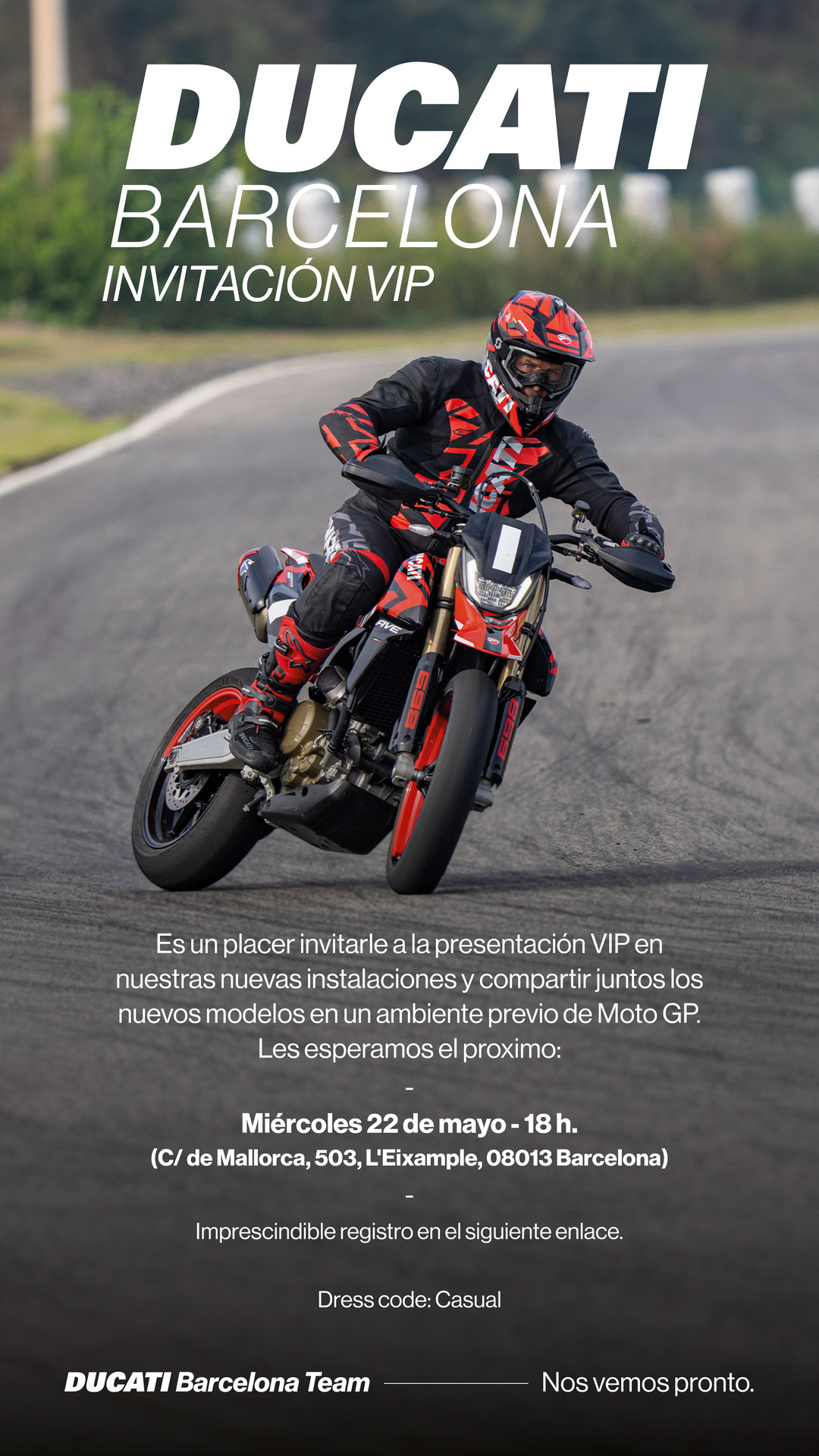Invitación VIP de Ducati Barcelona a la presentación de sus nuevas instalaciones, con un piloto en el circuito