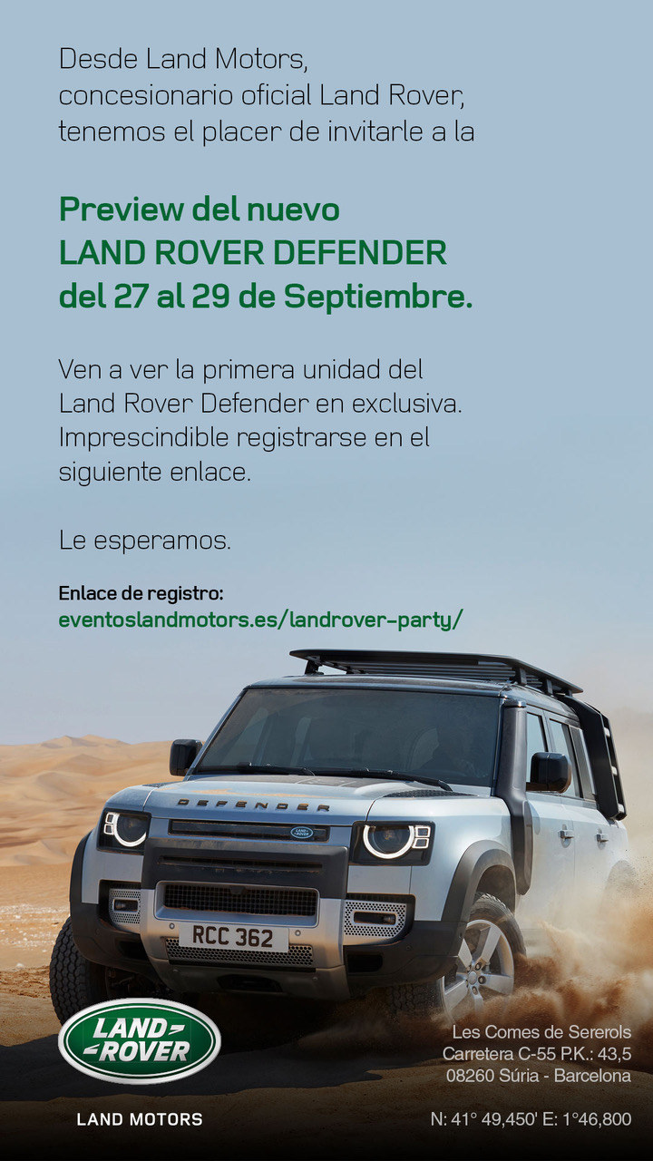 Invitación de Land Motors a la preview del nuevo Land Rover Defender, con el coche levantando polvo en una pista