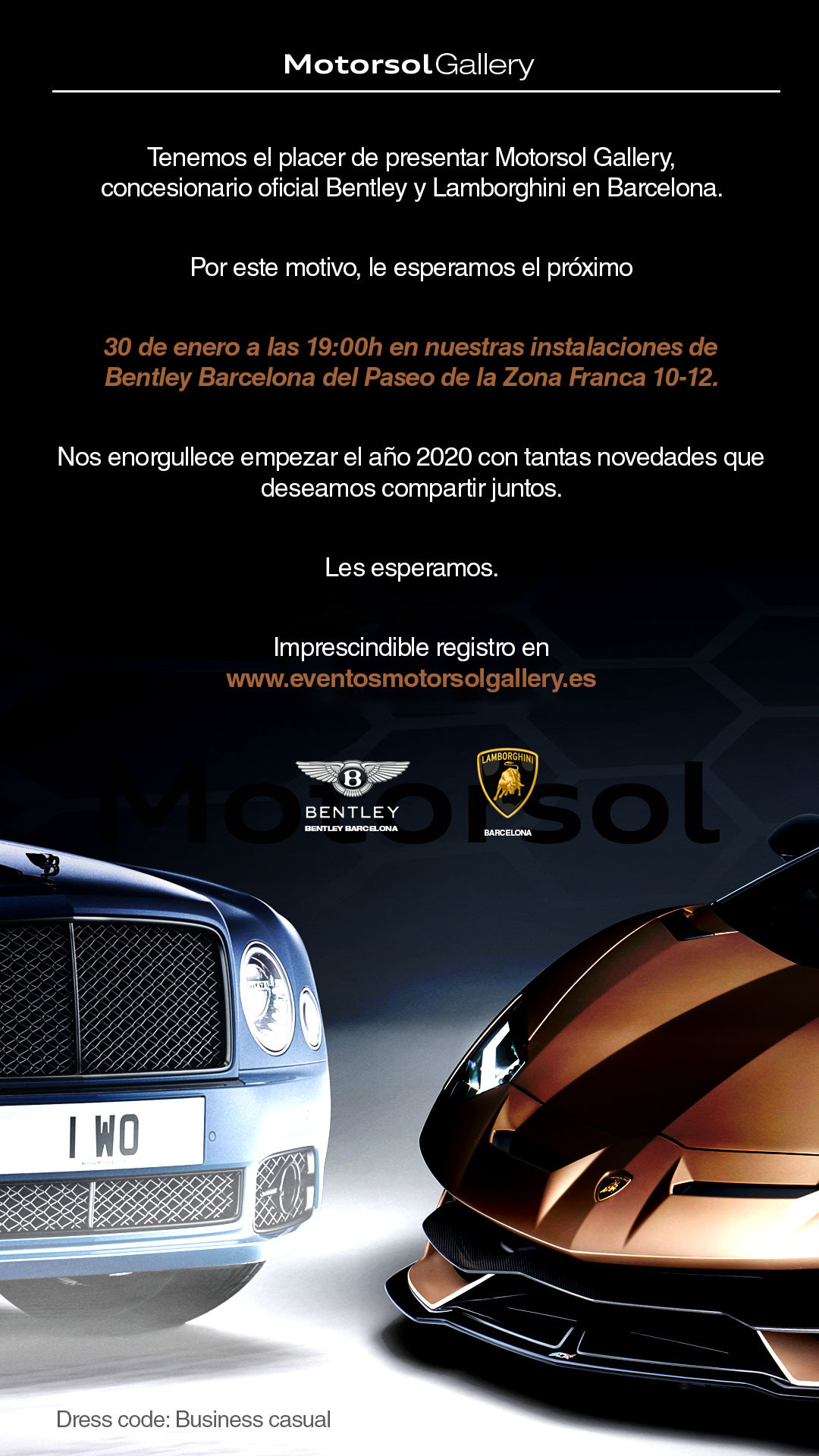 Invitación de Motorsol Gallery, concesionario oficial Bentley y Lamborghini en Barcelona, sobre negro con un Bentley y un Lamborghini