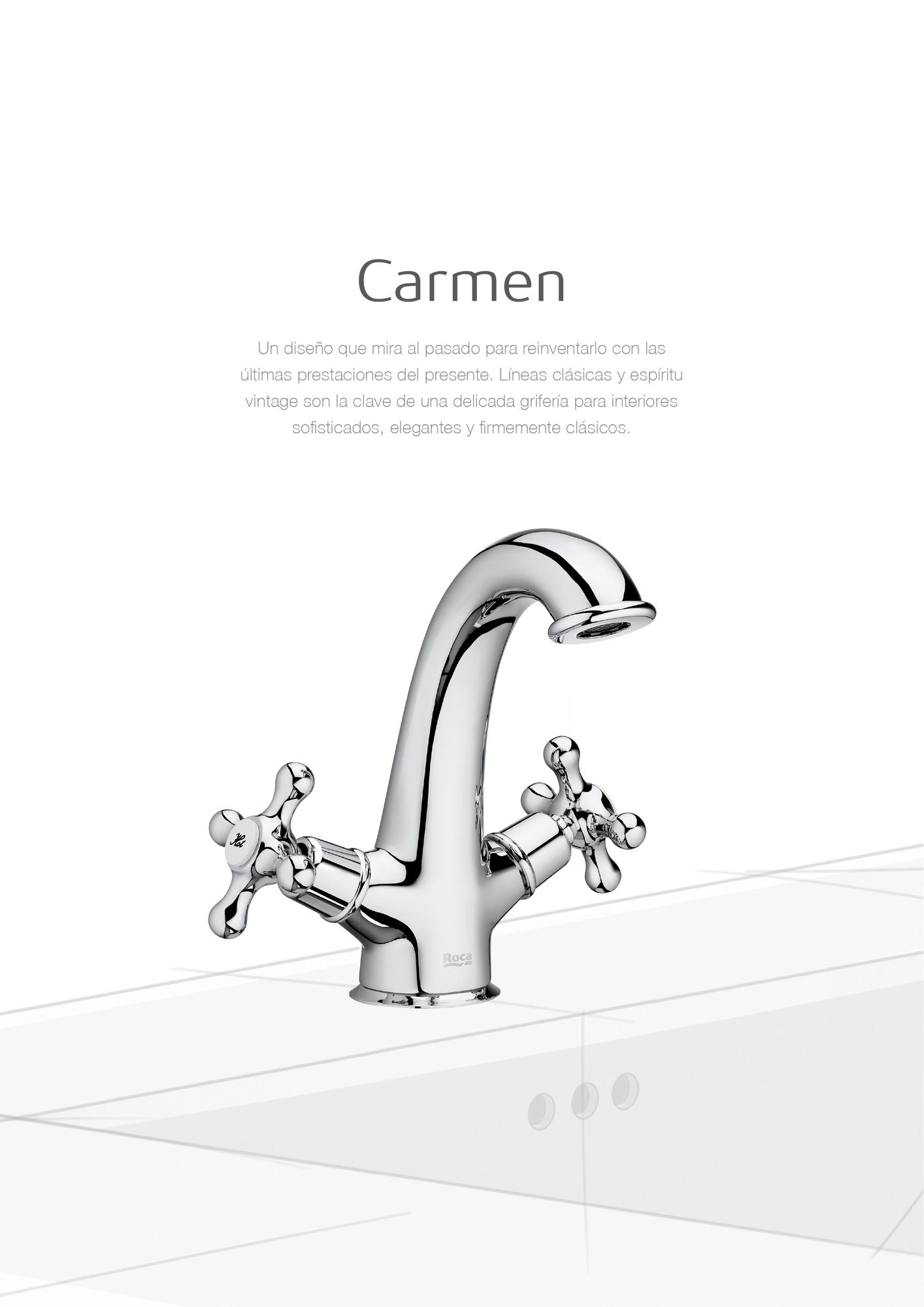 Página de la colección Carmen del catálogo de grifería de Roca: el grifo sobre un lavabo dibujado a línea