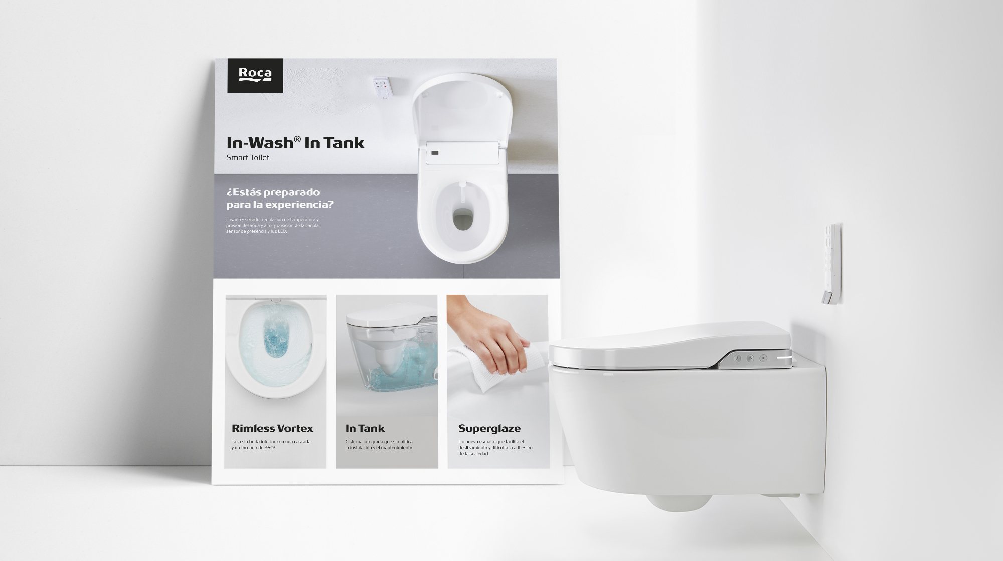 Pieza de lanzamiento de In-Wash In Tank junto al inodoro inteligente de Roca