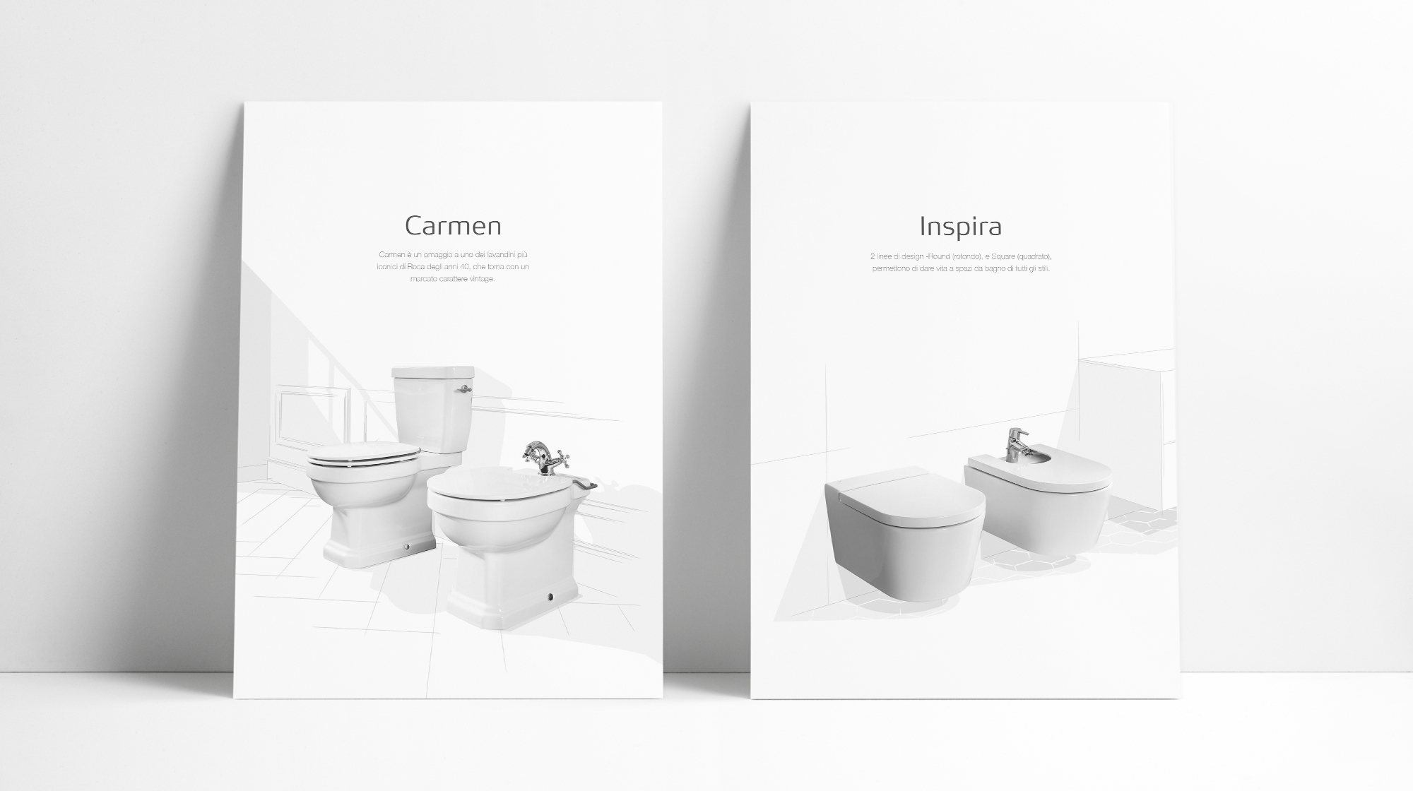 Páginas de las colecciones Carmen e Inspira del catálogo de porcelana sanitaria de Roca Italia, con el producto sobre un baño dibujado