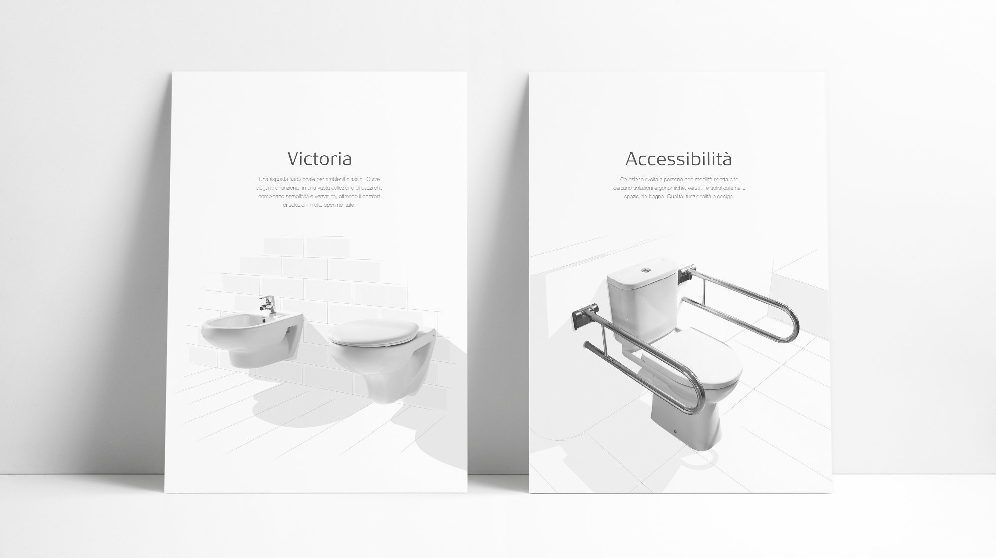 Páginas de Victoria y Accessibilità del catálogo de porcelana sanitaria de Roca Italia