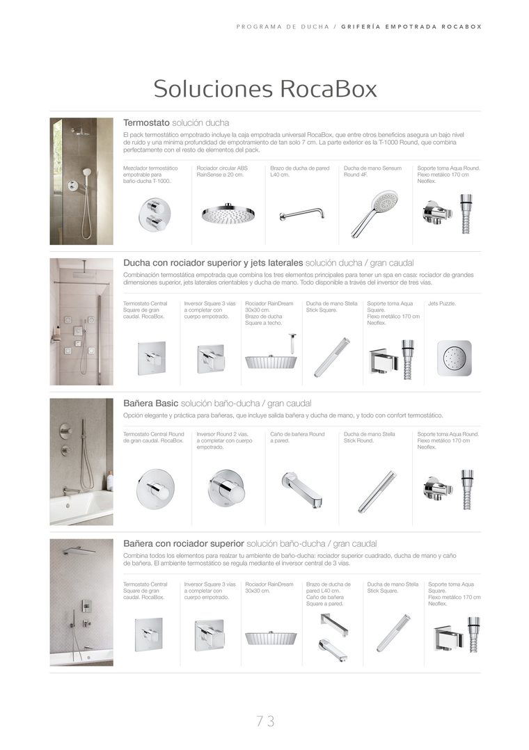 Página de soluciones RocaBox, con cuatro combinaciones de ducha y bañera