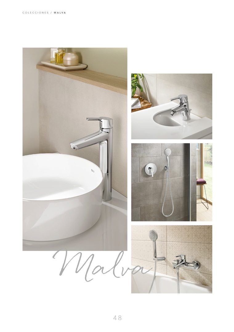 Página de la colección Malva, con cuatro fotografías del grifo en el baño
